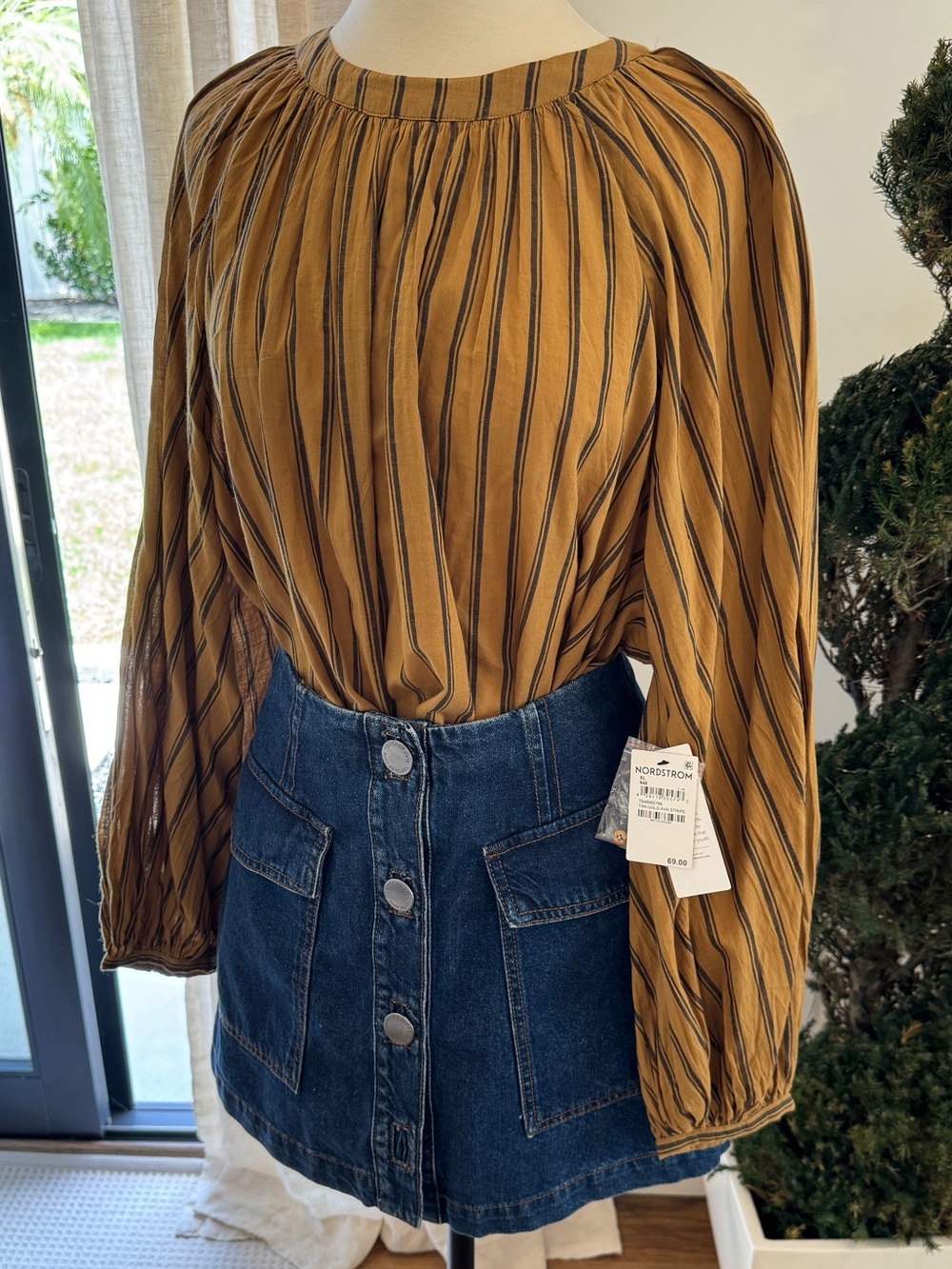 Treasure & Bond Mustard and Navy Striped Long-Sleeve Blouse - Size XL